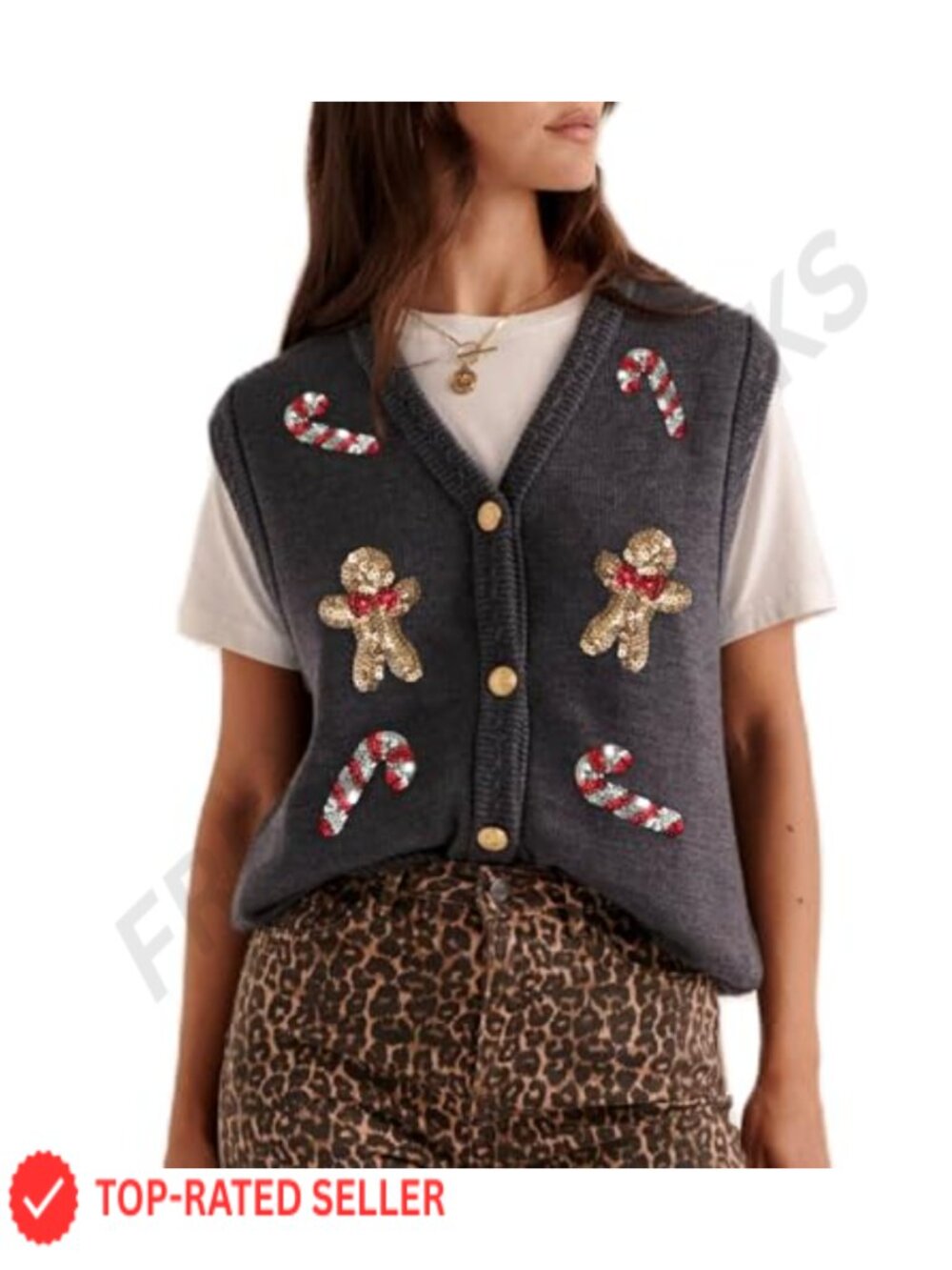 Christmas Sequin Embroidered Button Knit Sweater Vest Cardigan